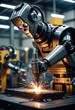 Industrial robots diligently weld car parts together in a factory, showcasing advanced manufacturing technology