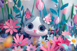 3D illustration of cute cat and summer flowers.