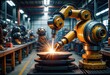 Industrial robots diligently weld car parts together in a factory, showcasing advanced manufacturing technology