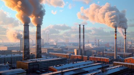 Industrial complex with towering smokestacks belch clouds of steam into the sky