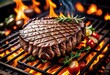 Savor a grilled beef steak with vegetables sizzling on the flaming grill, tantalizing the senses
