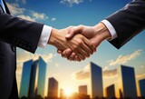 Fototapeta Uliczki - Two business people shake hands, symbolizing mutual agreement and trust in their partnership or deal