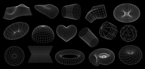 Wireframe shapes of 3D mesh grid in geometric abstract perspective, vector futuristic elements. 3D wireframe globe sphere, heart or spiral tunnel with torus, hemisphere and wormhole in wire frame wave