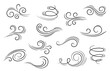 Doodle wind motion. Isolated vector set of abstract air swirls, blow waves, curve spirals in black colors, capturing the dynamic essence of movement and energy in a playful and artistic cartoon manner