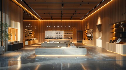 An inviting retail space with warm wood tones, marble floors, and a variety of products displayed on shelves and tables.