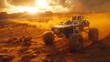 A robotic rover exploring the surface of Mars, Rover traversing Martian landscape