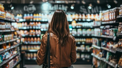 Woman browsing aisles, picking groceries. Back view of shopper in supermarket, Ai Generated