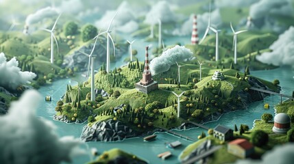 Aufkleber - Traceability in supply chains for mining and industry. 3d isometric block of terrain on a green background. sustainable energy concept. Wind turbines, a dam, and a solar energy plant. Generative AI.