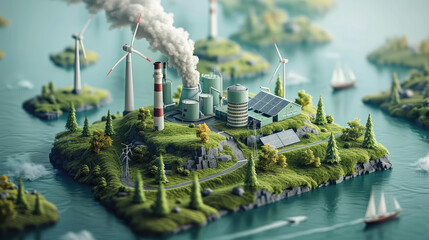 Aufkleber - Traceability in supply chains for mining and industry. 3d isometric block of terrain on a green background. sustainable energy concept. Wind turbines, a dam, and a solar energy plant. Generative AI.
