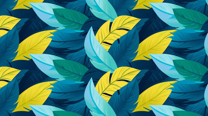 Sticker - A seamless pattern of overlapping tropical leaves in blue and green tones.