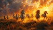 Horses running in a plain with sunset background