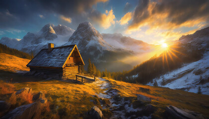 Wall Mural - a beautiful mountain scene with a log home on the side of a rugged mountain that has snow