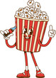 Cartoon retro groovy popcorn bucket character. Hippie happy fast food meal personage, retro funny character or groovy cute vector sticker. Cinema popcorn bucket cheerful mascot with soda bottle