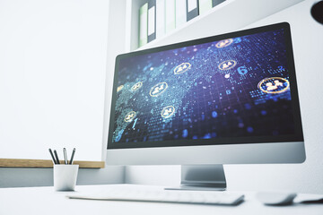 Wall Mural - modern computer monitor with social network icons concept with world map. marketing and promotion co