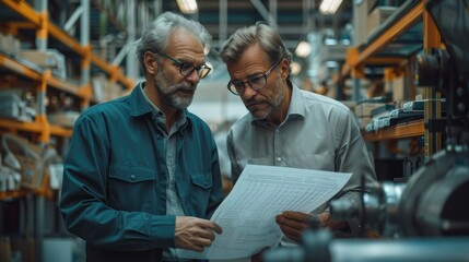 Leinwandbilder - Two men in a factory looking at a paper report which has of stock market ticker in factory. Generative AI.