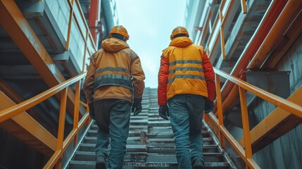 Aufkleber - Two worker wearing hard hats climbing stairs. Generative AI.