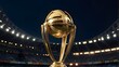 /imagine: A cinematic shot of the iconic trophy of the International Cricket World Cup, gleaming under the stadium lights, symbolizing the ultimate prize awaiting the victorious team on the Pitch --ar