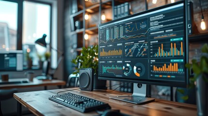 Leinwandbilder - Depicting an advanced lead scoring software dashboard on a large screen in a busy marketing agency. The creative workspace in the background. Generative AI.