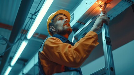 Aufkleber - Worker on a ladder is installing a fire alarm in the ceiling. Generative AI.
