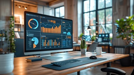 Leinwandbilder - Depicting an advanced lead scoring software dashboard on a large screen in a busy marketing agency. The creative workspace in the background. Generative AI.
