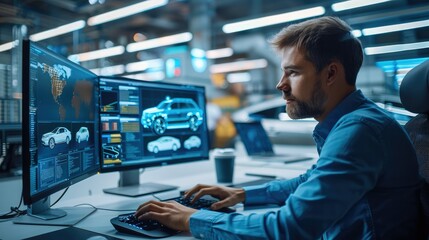 Employee male sitting at computer real-time motor vehicle monitoring software on a computer screen in an office. Generative AI.