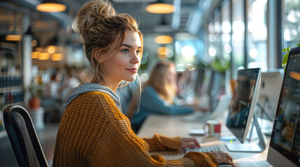 Fototapete - Developer women at their computer in a modern open office working space. Generative AI.