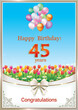 45 years anniversary.Birthday card on background of flowers and balloons with decorative ribbon and bow. Vector illustration