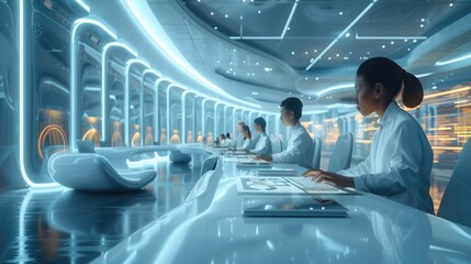 Aufkleber - Diverse team of professionals working together in a high-tech, spacious office environment. Generative AI.