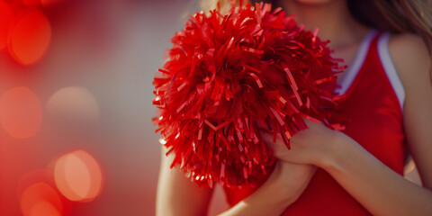 Wall Mural - Cheerleader in red uniform with pom pom supporting sport team
