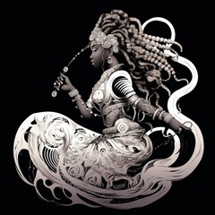 Wall Mural - Black and White Illustration of the Mami Wata on a Black Background