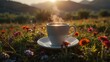 A steaming cup of tea nestled among vibrant wildflowers, world coffee day, cup of coffee on the field