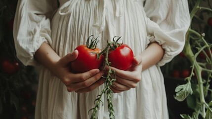 Picking juicy ripe tomatoes by hand from the vine in a home garden on a sunny day