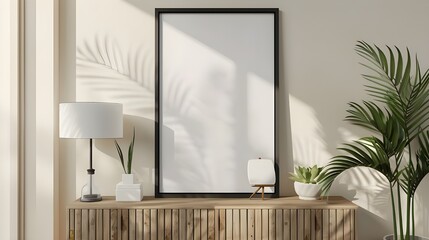 Mock up poster frame on cabinet in interior.3d rendering, Mock-up interior with dresser and decoration. 3d render illustration mockup, Loft style Living room and green wall sofa mock up Ai generated 