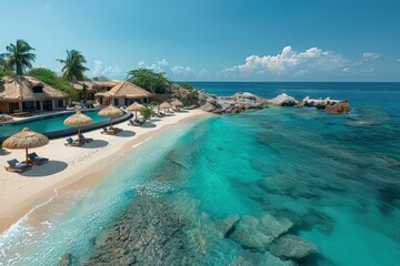 Wall Mural - A panoramic view of the resort's pool and beach, with palm trees in the background.