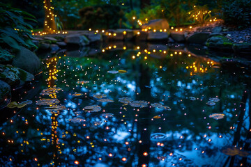 Wall Mural - Soft, glowing lights reflected on a still pond,