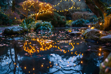 Wall Mural - Glowing lights softly mirror on a pond in a hidden garden.