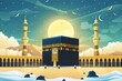 Muslim holiday Islamic festival Celebratio  Eid al-Adha with buck silhouette and mosque illustration in crescent moon light poster, banner, flyer, background