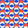 Retro aesthetic seamless pattern in style 60s, 70s. Mid century background with crescent moon. Geometric vector print. Red, blue and beige colors