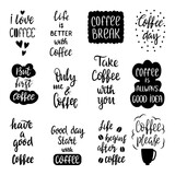 Fototapeta  - Coffee time break lettering phrases for typography. Isolated motivational inscriptions about morning drink. Creativity neoteric vector design