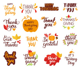 Sticker - Thanksgiving day lettering. Thanks giving, thank you handwritten phrases. Gratitude phrase, pumpkins and leaves silhouettes, neoteric vector set