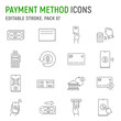 Payment method line icon set, electronic money collection, vector graphics, logo illustrations, contactless payment vector icons, online banking signs, outline pictograms, editable stroke