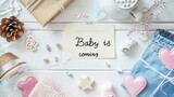 Fototapeta  - Pregnancy announcement, baby is coming concept, top view with baby toys and item in background