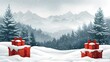 Red Christmas gifts with large bows sitting in fresh snow against a beautiful mountainous winter backdrop.
