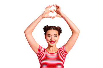 Close up photo beautiful she her lady pretty two buns pomade lips hold hands arms heart shape figure form above head cardiac health wear casual striped red white t-shirt isolated pink background