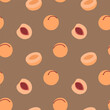 Seamless pattern with peaches on dark background. Contemporary abstract flat design for decor, covers, paper. Cute vector illustration.