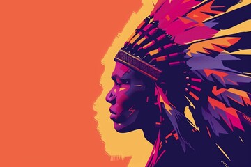 Native American tribal chief retrowave portrait in neon colors and colorful geometric shapes on an orange background with empty copy space. Horizontal (3:2)