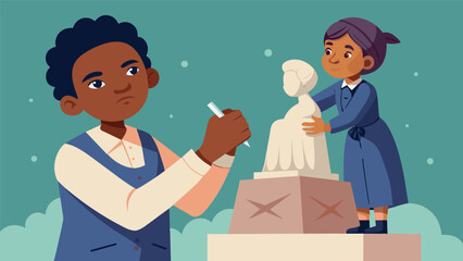 Wall Mural - A young boy sculpting a statue of Harriet Tubman a symbol of strength and perseverance for the fight for freedom.. Vector illustration