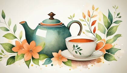 Wall Mural - watercolor vector painting art illustration teapot and cup kettle Chinese art background design watercolor coffee isolated vintage kitchen illustration leaf white retro tea silhouette