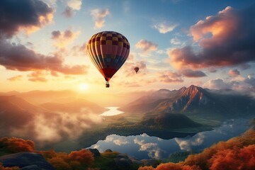 Wall Mural - Two hot air balloons is flying over beautiful landscape with mountains and lake on sunrise. Sky with clouds. Warm and peaceful atmosphere. Generative ai. Fantasy colors.