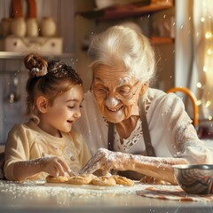 Wall Mural - An elderly woman and a little girl baking cookies together in the kitchen, both with flour on their noses and joyous smiles. 